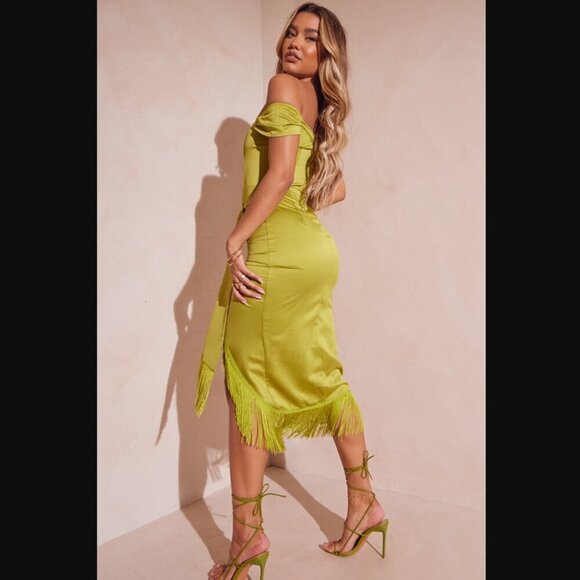 PrettyLittle Thing Olive Satin Bardot Tassel Hem Draped Midi Dress Satin Formal - Picture 3 of 16